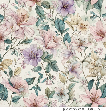 watercolor painting of leaf and flowers pattern watercolor painting of leaf and flowers pattern 138199516