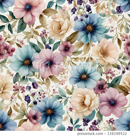 watercolor painting of leaf and flowers pattern 138199522