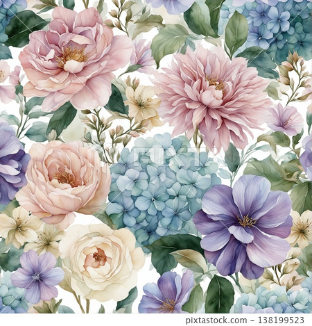 watercolor painting of leaf and flowers pattern watercolor painting of leaf and flowers pattern 138199523