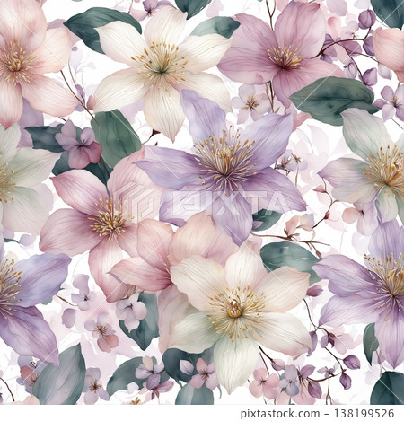 watercolor painting of leaf and flowers pattern watercolor painting of leaf and flowers pattern 138199526