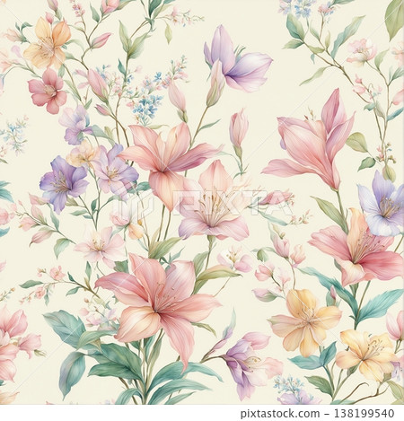 watercolor painting of leaf and flowers pattern watercolor painting of leaf and flowers pattern 138199540