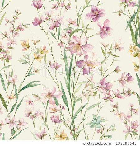 watercolor painting of leaf and flowers pattern 138199543