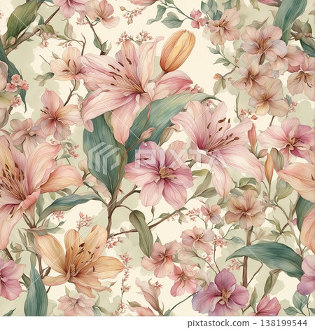 watercolor painting of leaf and flowers pattern 138199544