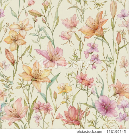 watercolor painting of leaf and flowers pattern watercolor painting of leaf and flowers pattern 138199545