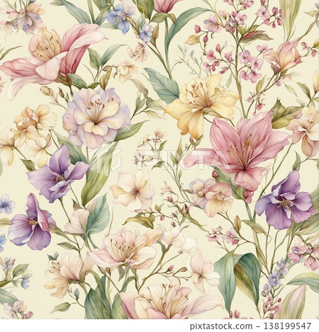 watercolor painting of leaf and flowers pattern watercolor painting of leaf and flowers pattern 138199547