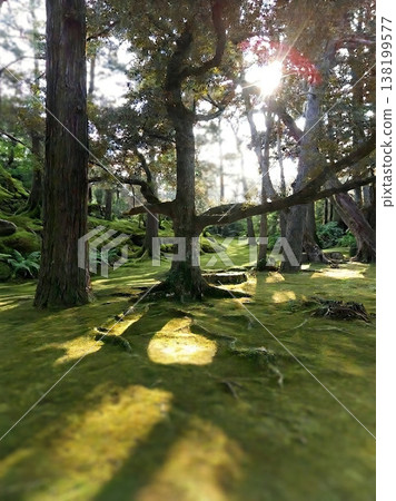 人工智慧處理圖像：陽光透過森林中的苔蘚——一片奇幻的神社森林。 138199577