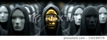 Concept of Individuality and Thinking Outside The Box - Golden Mask Standing Out in a Masked Crowd - Generative Ai 138199579