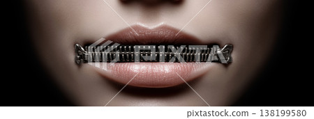 Conceptual Image of the Lips of a Woman Sealed with Horizontal Zipper - Generative Ai 138199580