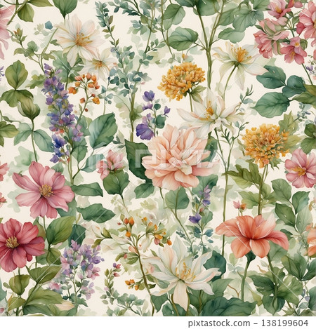 watercolor painting of leaf and flowers pattern watercolor painting of leaf and flowers pattern 138199604
