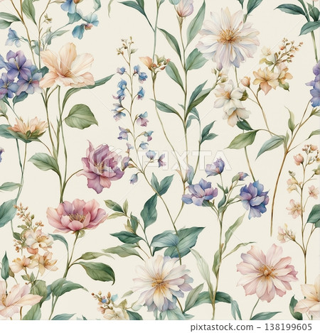 watercolor painting of leaf and flowers pattern watercolor painting of leaf and flowers pattern 138199605