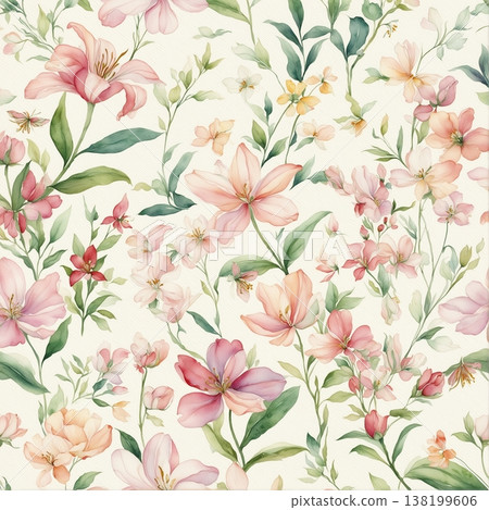 watercolor painting of leaf and flowers pattern watercolor painting of leaf and flowers pattern 138199606