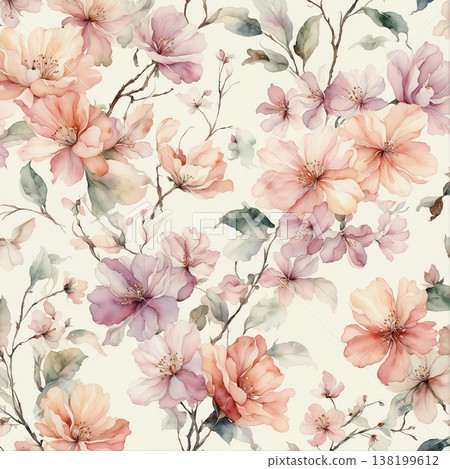 watercolor painting of leaf and flowers pattern watercolor painting of leaf and flowers pattern 138199612