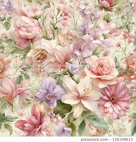 watercolor painting of leaf and flowers pattern watercolor painting of leaf and flowers pattern 138199613