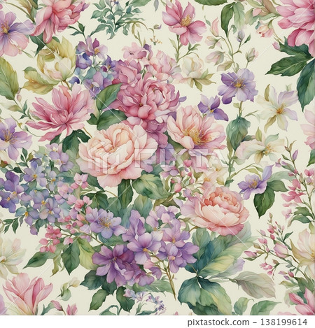watercolor painting of leaf and flowers pattern watercolor painting of leaf and flowers pattern 138199614