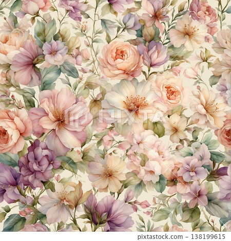 watercolor painting of leaf and flowers pattern watercolor painting of leaf and flowers pattern 138199615
