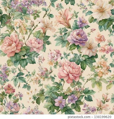 watercolor painting of leaf and flowers pattern watercolor painting of leaf and flowers pattern 138199620