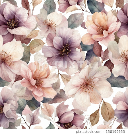 watercolor painting of leaf and flowers pattern 138199633