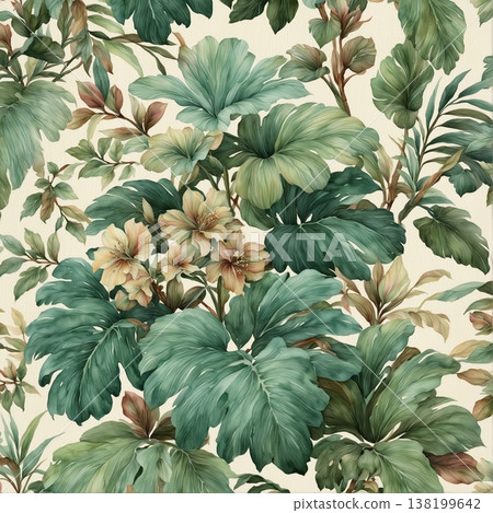 watercolor painting of leaf and flowers pattern 138199642