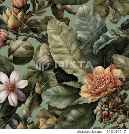 watercolor painting of leaf and flowers pattern watercolor painting of leaf and flowers pattern 138199647