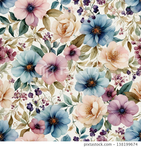 watercolor painting of leaf and flowers pattern 138199674