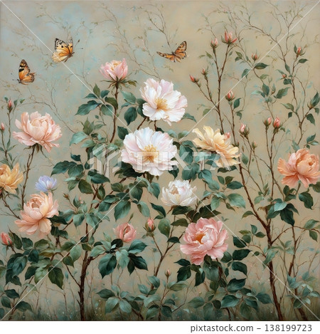 watercolor painting of leaf and flowers pattern 138199723