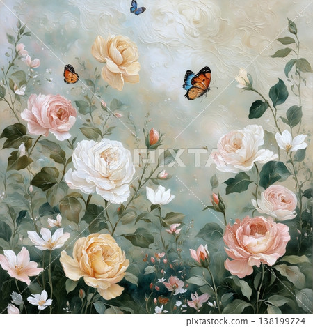 watercolor painting of leaf and flowers pattern 138199724