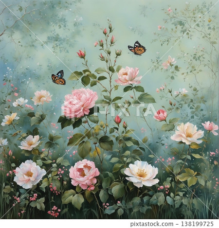 watercolor painting of leaf and flowers pattern 138199725