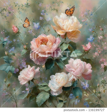 watercolor painting of leaf and flowers pattern 138199727