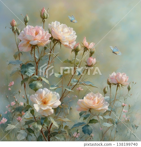 watercolor painting of leaf and flowers pattern 138199740