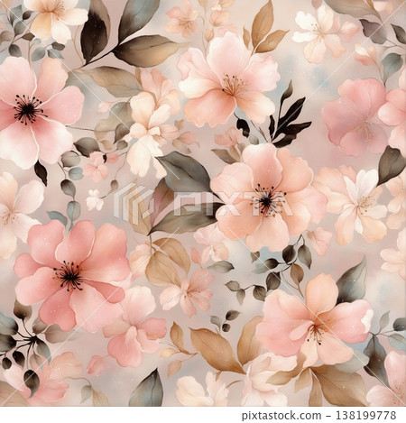 watercolor painting of leaf and flowers pattern watercolor painting of leaf and flowers pattern 138199778