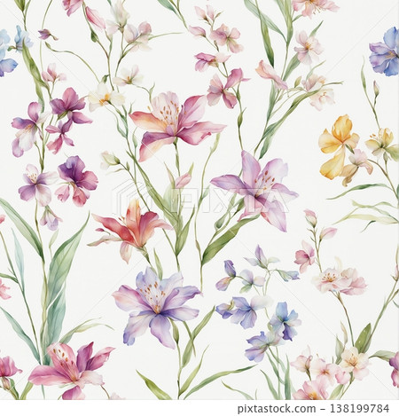 watercolor painting of leaf and flowers pattern 138199784