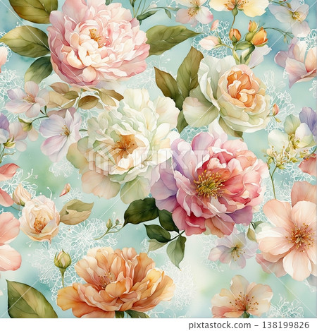 watercolor painting of leaf and flowers pattern watercolor painting of leaf and flowers pattern 138199826