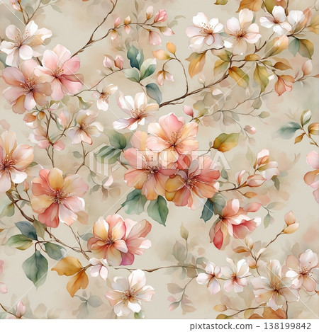 watercolor painting of leaf and flowers pattern 138199842