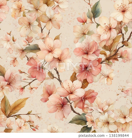 watercolor painting of leaf and flowers pattern 138199844