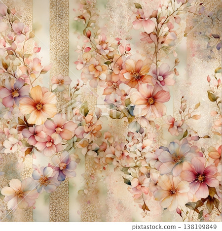 watercolor painting of leaf and flowers pattern watercolor painting of leaf and flowers pattern 138199849