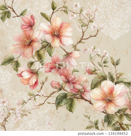 watercolor painting of leaf and flowers pattern 138199852