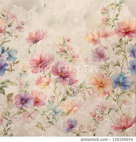 watercolor painting of leaf and flowers pattern 138199854