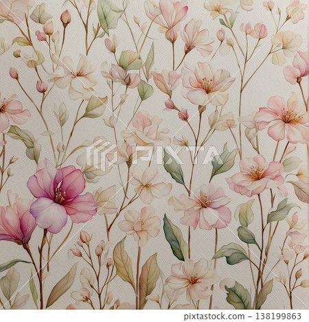 watercolor painting of leaf and flowers pattern 138199863