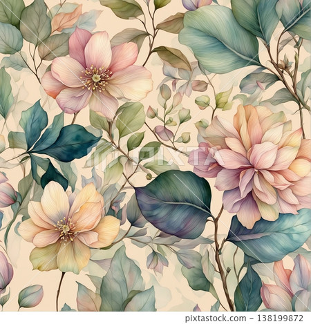 watercolor painting of leaf and flowers pattern 138199872