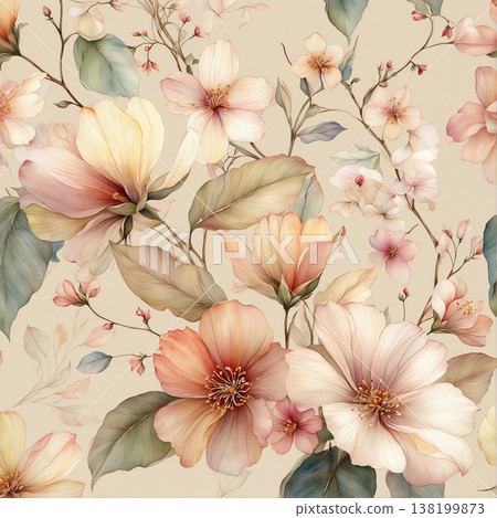 watercolor painting of leaf and flowers pattern 138199873