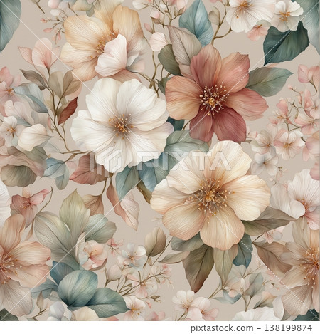 watercolor painting of leaf and flowers pattern 138199874