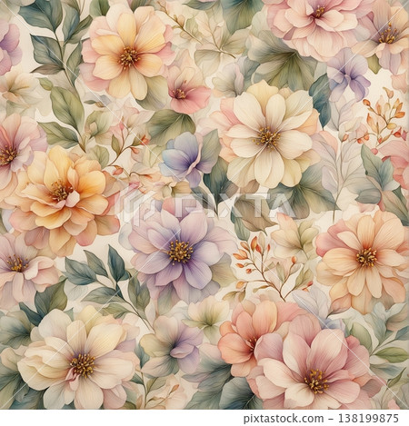 watercolor painting of leaf and flowers pattern 138199875