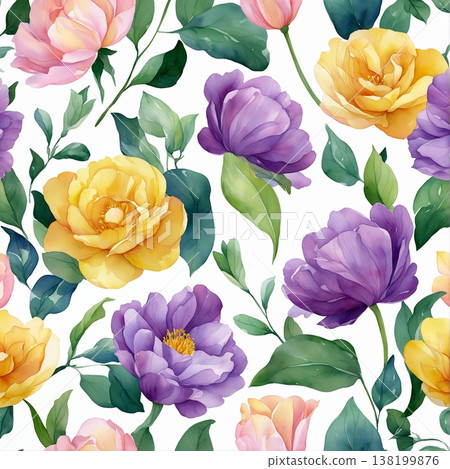 watercolor painting of leaf and flowers pattern 138199876