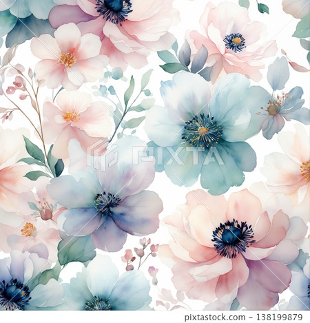 watercolor painting of leaf and flowers pattern 138199879
