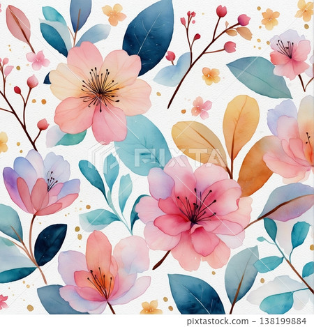 watercolor painting of leaf and flowers pattern watercolor painting of leaf and flowers pattern 138199884