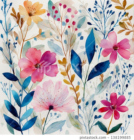 watercolor painting of leaf and flowers pattern 138199885