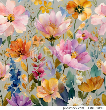 watercolor painting of leaf and flowers pattern 138199890