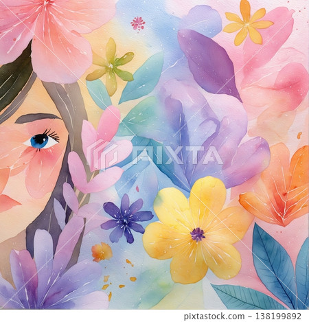 watercolor painting of leaf and flowers pattern 138199892