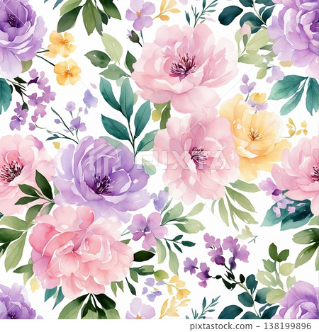 watercolor painting of leaf and flowers pattern 138199896