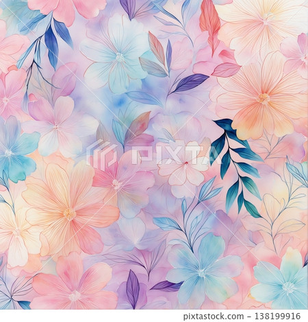 watercolor painting of leaf and flowers pattern 138199916